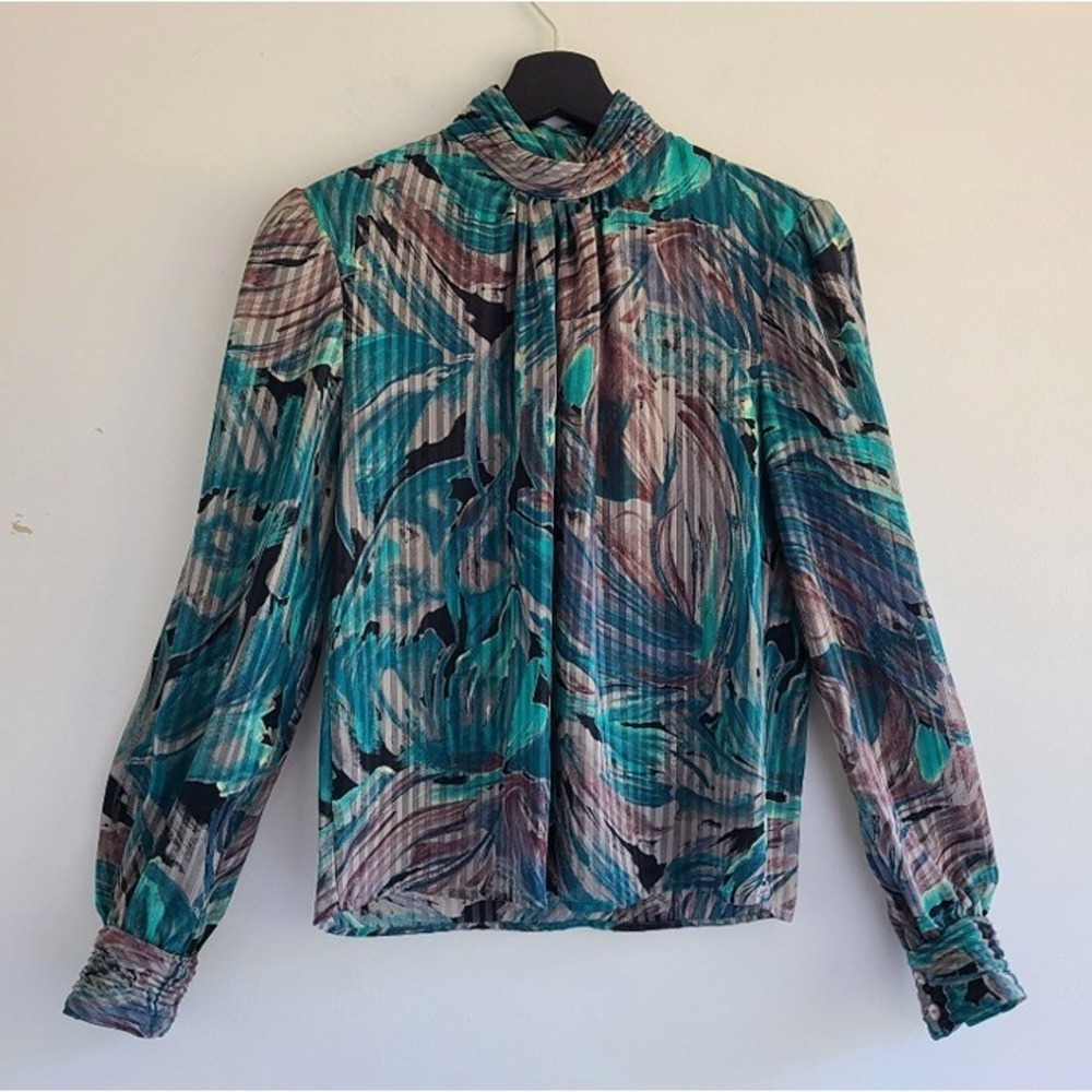 Vintage 90s High Neck Semi-Sheer Blouse 4P Petite Bust 35" Edwardian Teal Tan